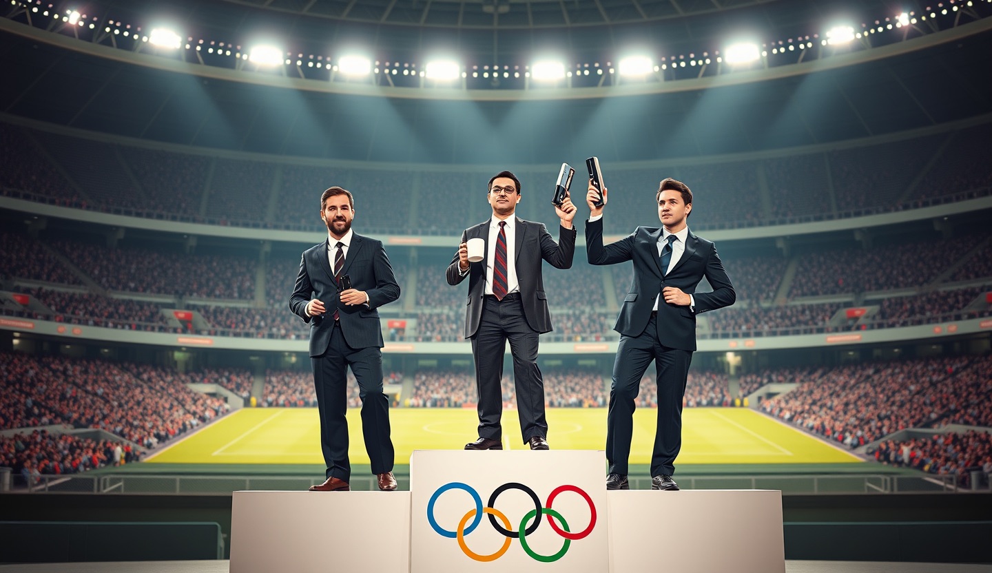 Three office workers in suits on an olympic podium holding staplers and mugs under stadium lights
